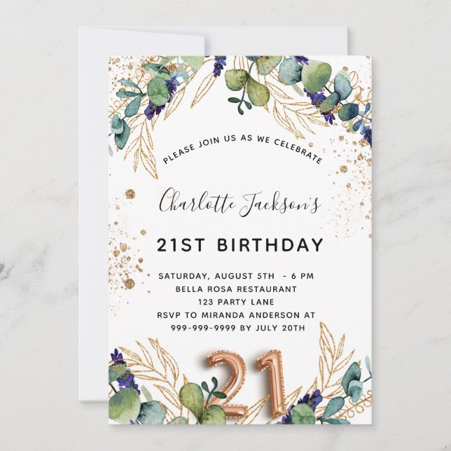 21st birthday eucalyptus greenery glitter elegant invitation (Front)