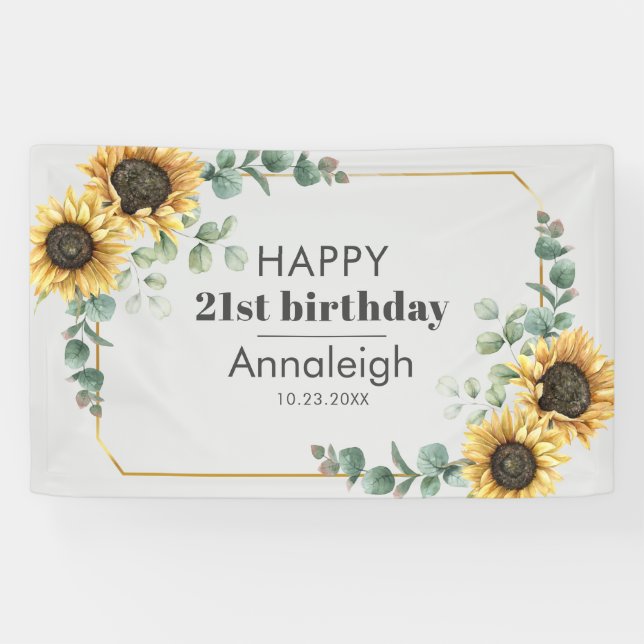21st Birthday Eucalyptus Sunflower Geometric Flora Banner (Horizontal)
