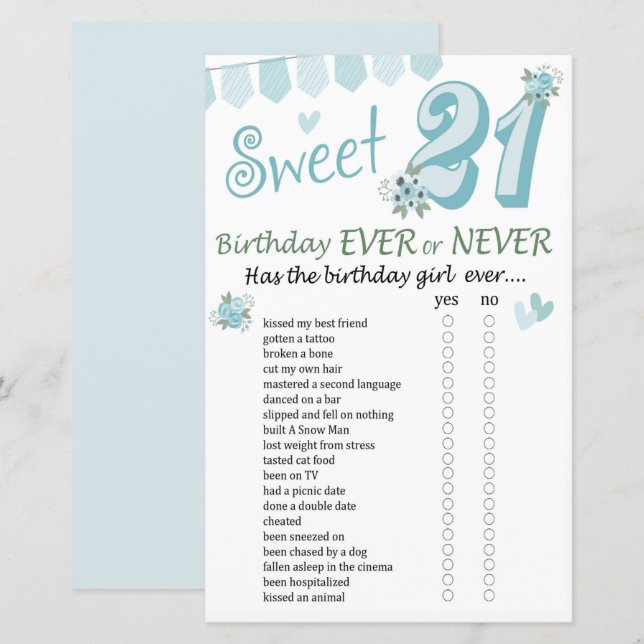 21st Birthday Ever or Never Game (Front/Back)