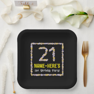 21st Birthday: Floral Flowers Number, Custom Name Paper Plate