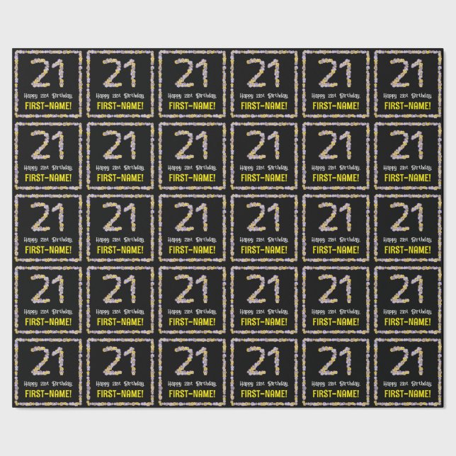 21st Birthday: Floral Flowers Number, Custom Name Wrapping Paper (Seam)