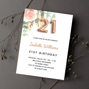 21st birthday floral rose gold eucalyptus greenery invitation