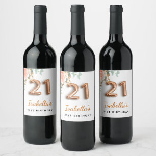 21st birthday floral rose gold eucalyptus monogram wine label