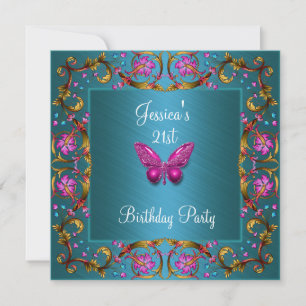 21st Birthday Floral Teal Blue Pink Butterfly Invitation