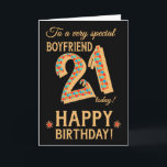21st Birthday, for Boyfriend, Gold Effect on Black Card<br><div class="desc">A chic 21st Birthday Card for a very special Boyfriend, with the number, 21, in a bright mosaic pattern with a gold-effect outline and all the text in gold-effect lettering (ie not metallic paint). A bright red and gold-effect star is beside the 'Happy Birthday' on this striking digital design by...</div>