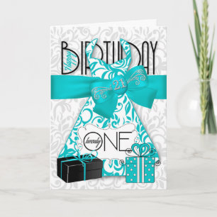21st Birthday for Her Trendy Bling Turquoise Dress Card