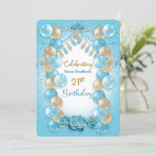 21st Birthday For Ladies Blue Gold Balloons Design Invitation