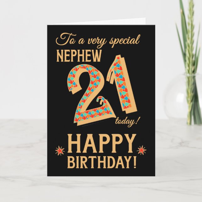 21st Birthday, for Nephew, Gold Effect on Black Card (Front)