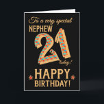 21st Birthday, for Nephew, Gold Effect on Black Card<br><div class="desc">A chic 21st Birthday Card for a very special Nephew, with the number, 21, in a bright mosaic pattern with a gold-effect outline and all the text in gold-effect lettering (ie not metallic paint). A bright red and gold-effect star is beside the 'Happy Birthday' on this striking digital design by...</div>