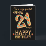 21st Birthday, for Nephew, Gold Effect on Black Card<br><div class="desc">A chic 21st Birthday Card for a very special Nephew, with the number, 21, in a bright mosaic pattern with a gold-effect outline and all the text in gold-effect lettering (ie not metallic paint). A bright red and gold-effect star is beside the 'Happy Birthday' on this striking digital design by...</div>