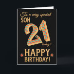 21st Birthday, for Son, Gold Effect on Black Card<br><div class="desc">A chic 21st Birthday Card for a very special Son, with the number, 21, in a bright mosaic pattern with a gold-effect outline and all the text in gold-effect lettering (ie not metallic paint). A bright red and gold-effect star is beside the 'Happy Birthday' on this striking digital design by...</div>