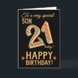 21st Birthday, for Son, Gold Effect on Black Card<br><div class="desc">A chic 21st Birthday Card for a very special Son, with the number, 21, in a bright mosaic pattern with a gold-effect outline and all the text in gold-effect lettering (ie not metallic paint). A bright red and gold-effect star is beside the 'Happy Birthday' on this striking digital design by...</div>