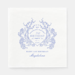 21st Birthday French Blue Floral Crest Custom Napkin