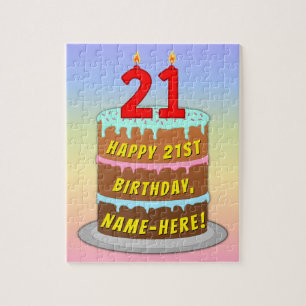 21st Birthday: Fun Cake and Candles + Custom Name Jigsaw Puzzle