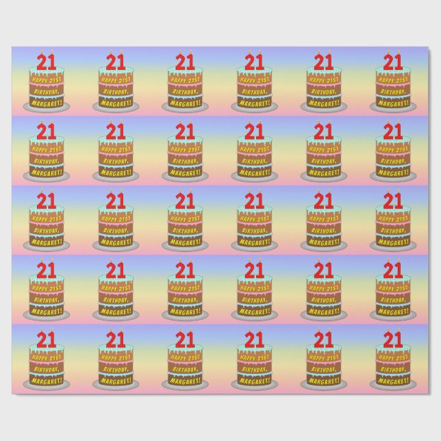 21st Birthday: Fun Cake and Candles + Custom Name Wrapping Paper (Flat)