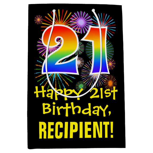 21st Birthday: Fun Fireworks Pattern + Rainbow 21 Medium Gift Bag (Front)