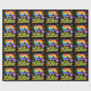 21st Birthday: Fun Fireworks, Rainbow Look # “21” Wrapping Paper