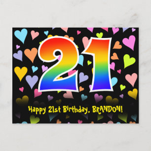 21st Birthday: Fun Hearts Pattern, Rainbow 21 Postcard