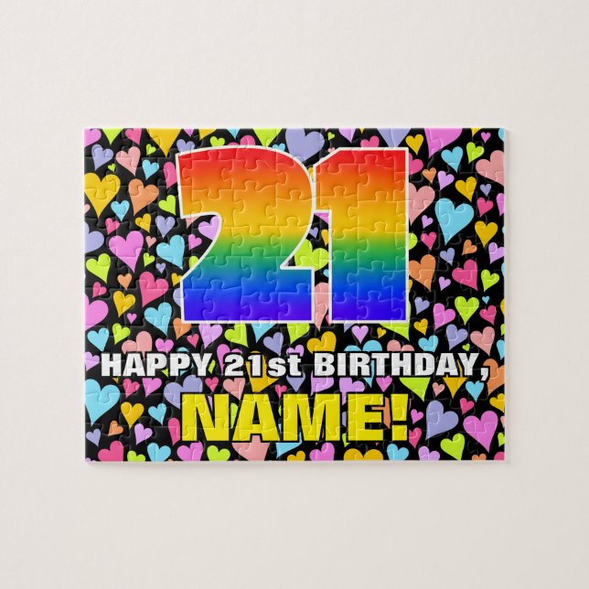 21st Birthday — Fun, Loving Heart Shapes + “21” Jigsaw Puzzle (Horizontal)
