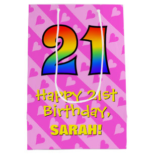 21st Birthday: Fun Pink Hearts Stripes; Rainbow 21 Medium Gift Bag