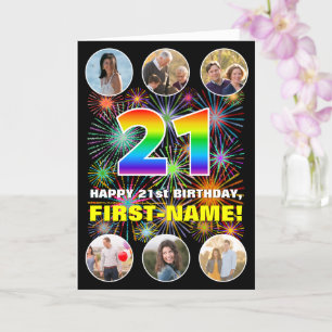 21st Birthday: Fun Rainbow #, Custom Name & Photos Card