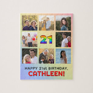 21st Birthday: Fun Rainbow #, Custom Name & Photos Jigsaw Puzzle