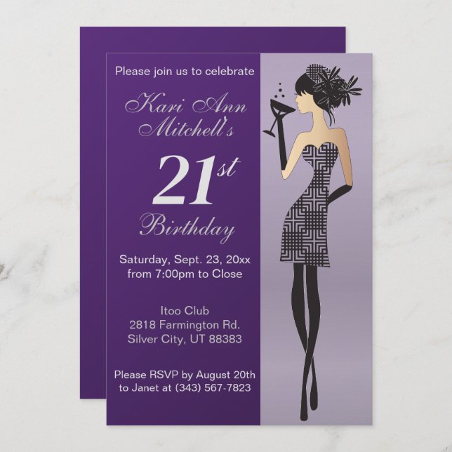21st Birthday Girl Bash Party - Purple Invitation (Front/Back)