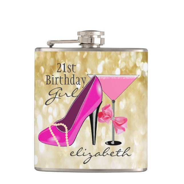 21st Birthday Girl Gold Glitter Girly Chic Hip Flask (Front)