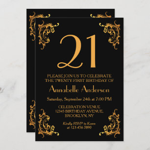 21st Birthday Glam Modern Gold Black Vintage Retro Invitation