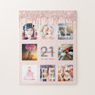 21st birthday glitter drips photo rose gold pink jigsaw puzzle