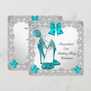 21st Birthday Glitter Teal Blue High Heel Silver 2 Invitation