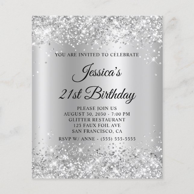 21st Birthday Glittery Silver Shimmer Invite Flyer (Front)
