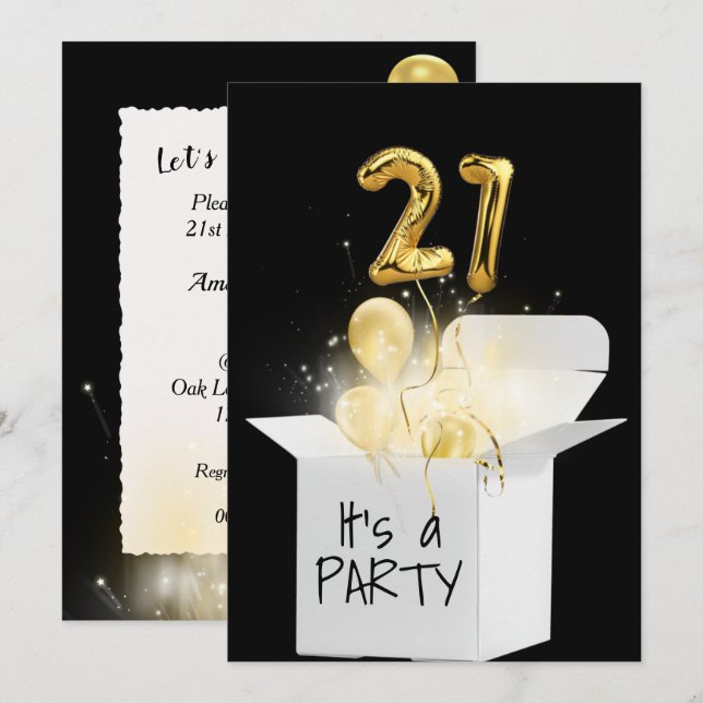 21st Birthday Gold Balloons In White Box   Invitation (Front/Back)