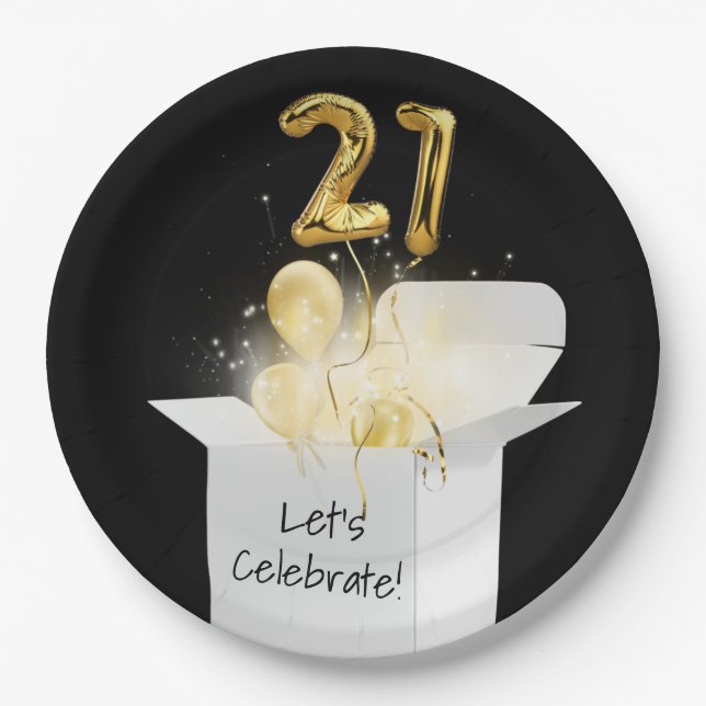 21st Birthday Gold Balloons In White Box Paper Plate (Front)