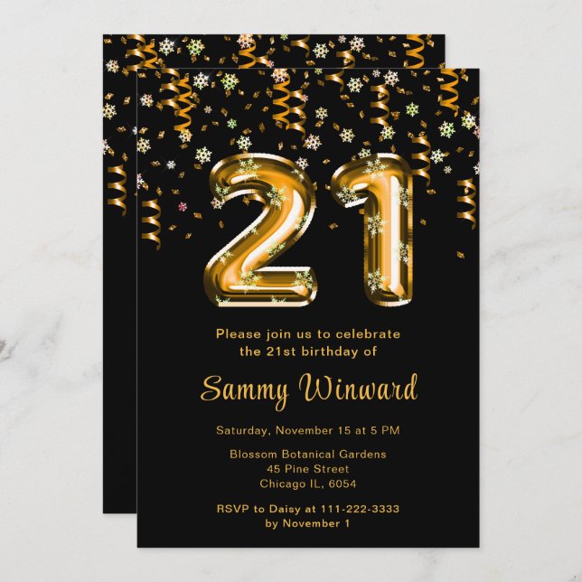 21st Birthday Gold Balloons Snowflake Confetti Invitation (Front/Back)