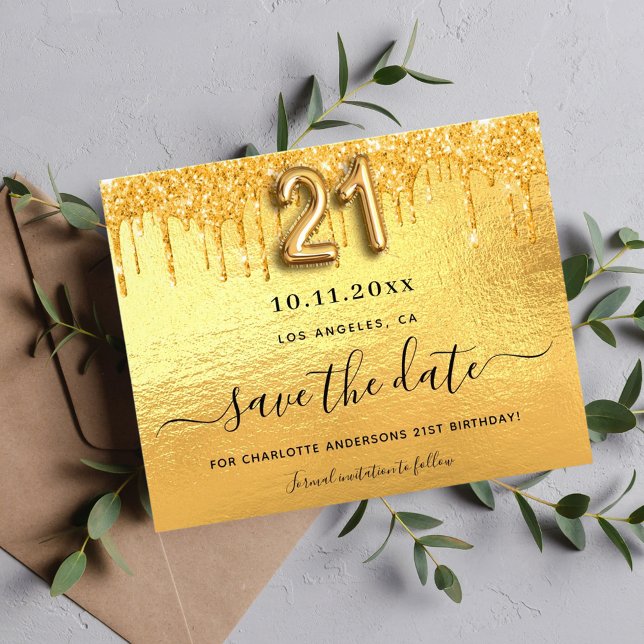 21st birthday gold glitter budget save the date flyer (Creator Uploaded)