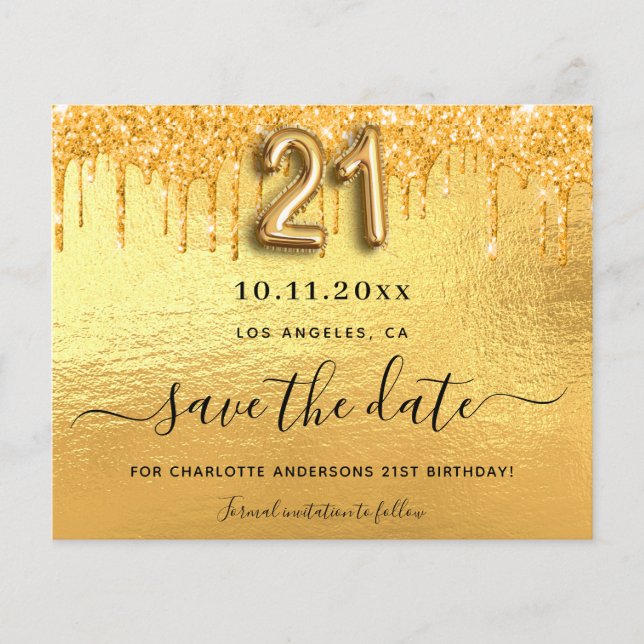 21st birthday gold glitter save the date card (Front)