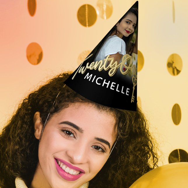21st birthday gold key personalised photo name party hat (Creator Uploaded)