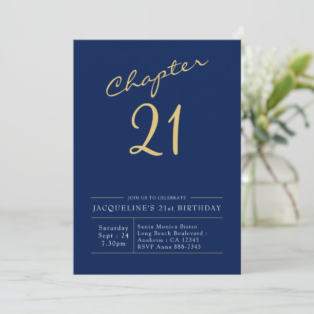 21st Birthday Gold Modern Script Blue Invitation (Standing Front)