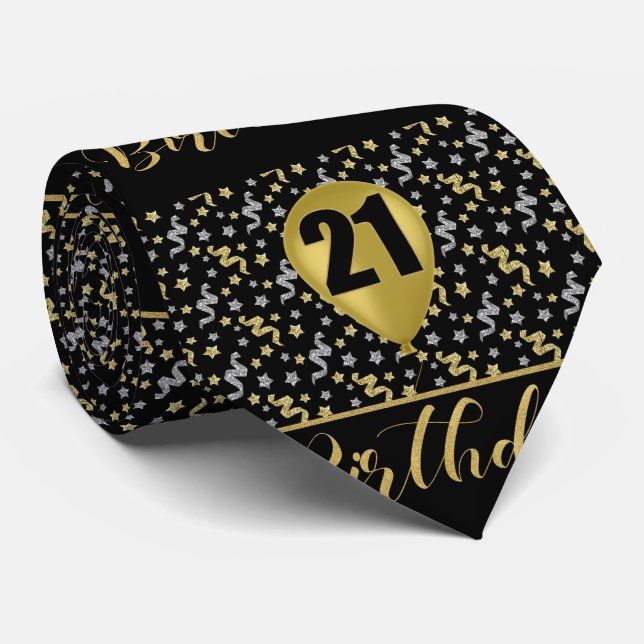 21st Birthday Gold on Black with Confetti Tie (Rolled)