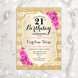 21st Birthday - Gold Stripes Pink Roses Invitation