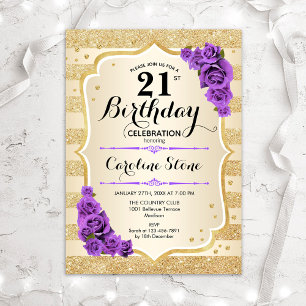 21st Birthday - Gold Stripes Purple Roses Invitation