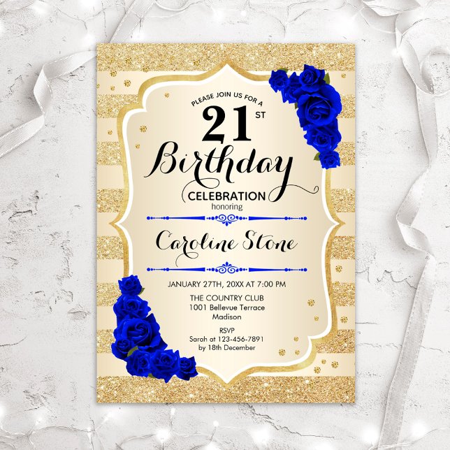 21st Birthday - Gold Stripes Royal Blue Roses Invitation (Creator Uploaded)