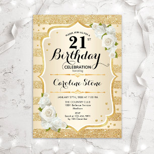 21st Birthday - Gold Stripes White Roses Invitation