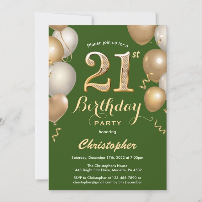 21st Birthday Green and Gold Balloons Confetti Invitation (Front)