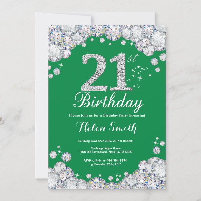 21st Birthday Green and Silver Diamond Invitation (Front)