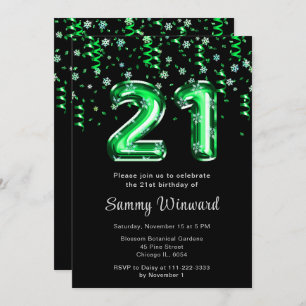 21st Birthday Green Balloons Snowflake Confetti Invitation