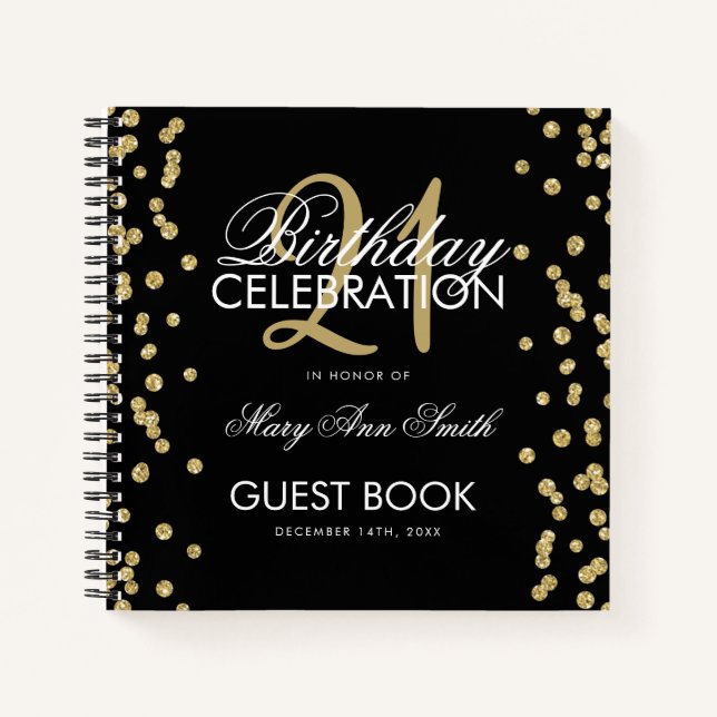 21st Birthday Guestbook Gold Confetti Black Notebook (Front)