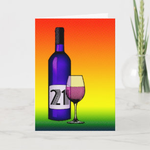 21st birthday : halftone wine bottle and glass card