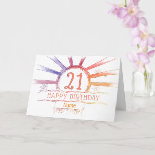 21st Birthday - hand drawn multi-coloured sunburst Card